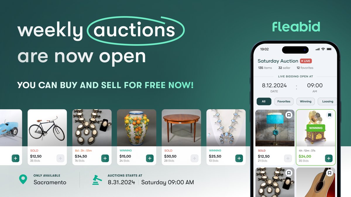 🚨 Sacramento, it's time to bid! 🚨 Our weekly auctions are now open, and you can start buying and selling for free! 🌟 app.fleabid.com