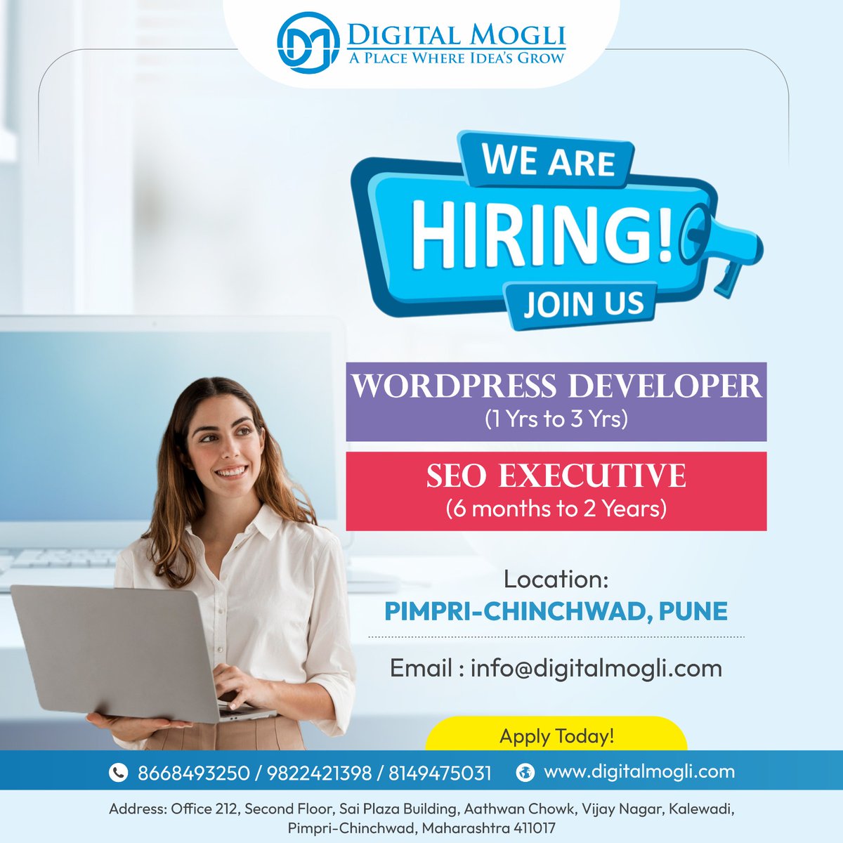 DigitalMogli's tweet image. 👉Send us your CV at : info@digitalmogli.com
digitalmogli.com
☎Contact No : 8668493250/9822421398/8149475031
#WordPressDeveloper #WebDeveloperWanted #Hiring #DeveloperJobs #WebDesignJobs #WordPressJobs #SEOExecutive #DigitalMarketing #JoinOurTeam #NowHiring