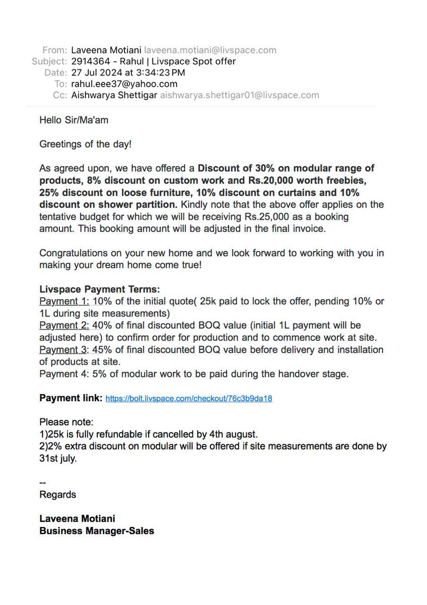 rahulkojane's tweet photo. @livspace : I have not received my refund it almost a month now. No one is responding from your team. Can you please help me with refund. https://t.co/pV0yvzILvn