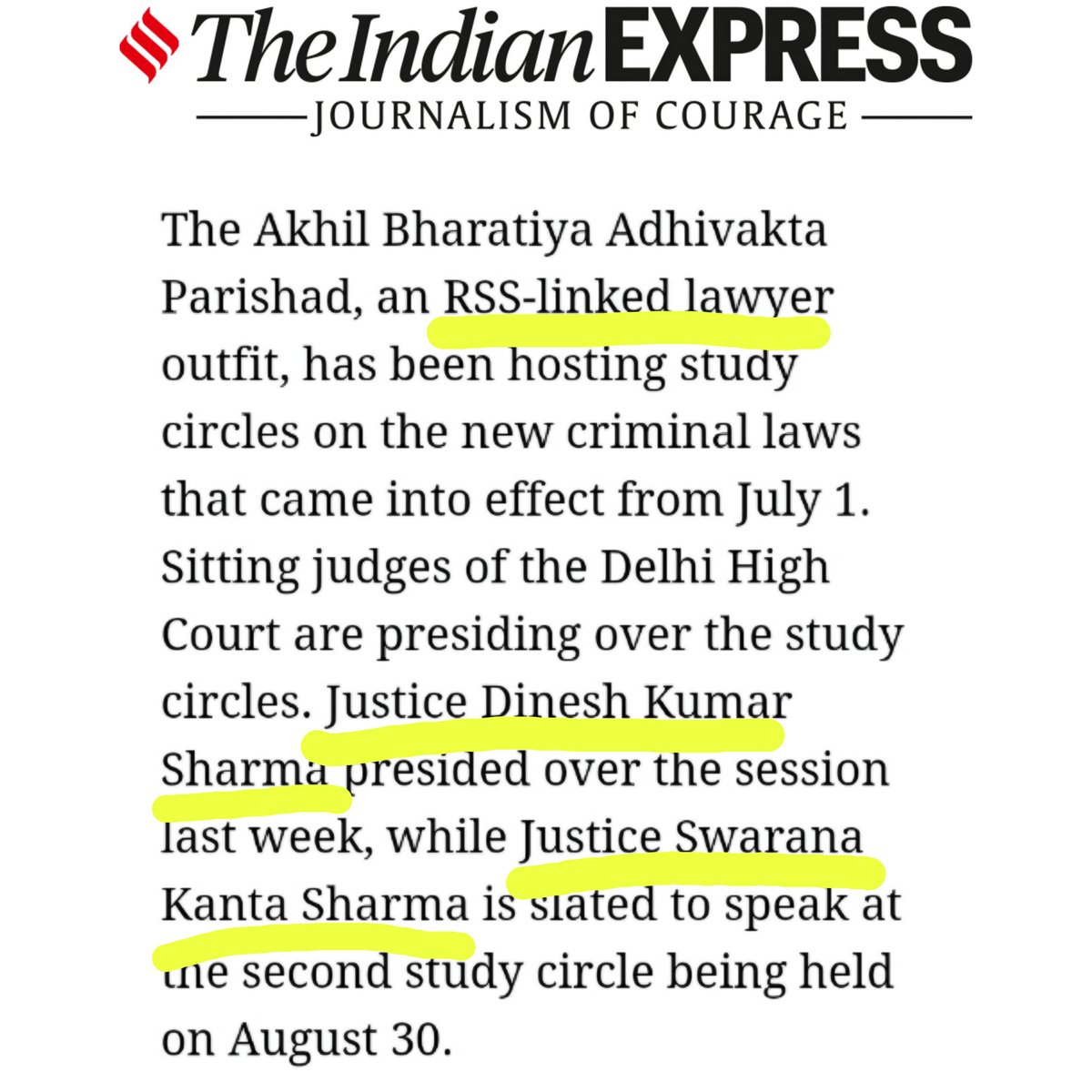 SidKeVichaar's tweet photo. 🚨 BIG BREAKING: SHOCKING 🚨

Delhi High Court Judges Who Denied Bail to AAP Leaders Now Linked to RSS?

Judge Dinesh Kumar Sharma, who denied bail to Satyendar Jain & Manish Sisodia, Judge Swarana Kanta, who denied bail for Arvind Kejriwal, Sanjay Singh & Manish Sisodia, are now running an RSS-linked study circle!

These judges, who consistently ruled against opposition leaders, are now openly connected to an RSS-affiliated group.

This shocking twist raises serious concerns about justice and impartiality in our courts!

#DelhiHighCourt