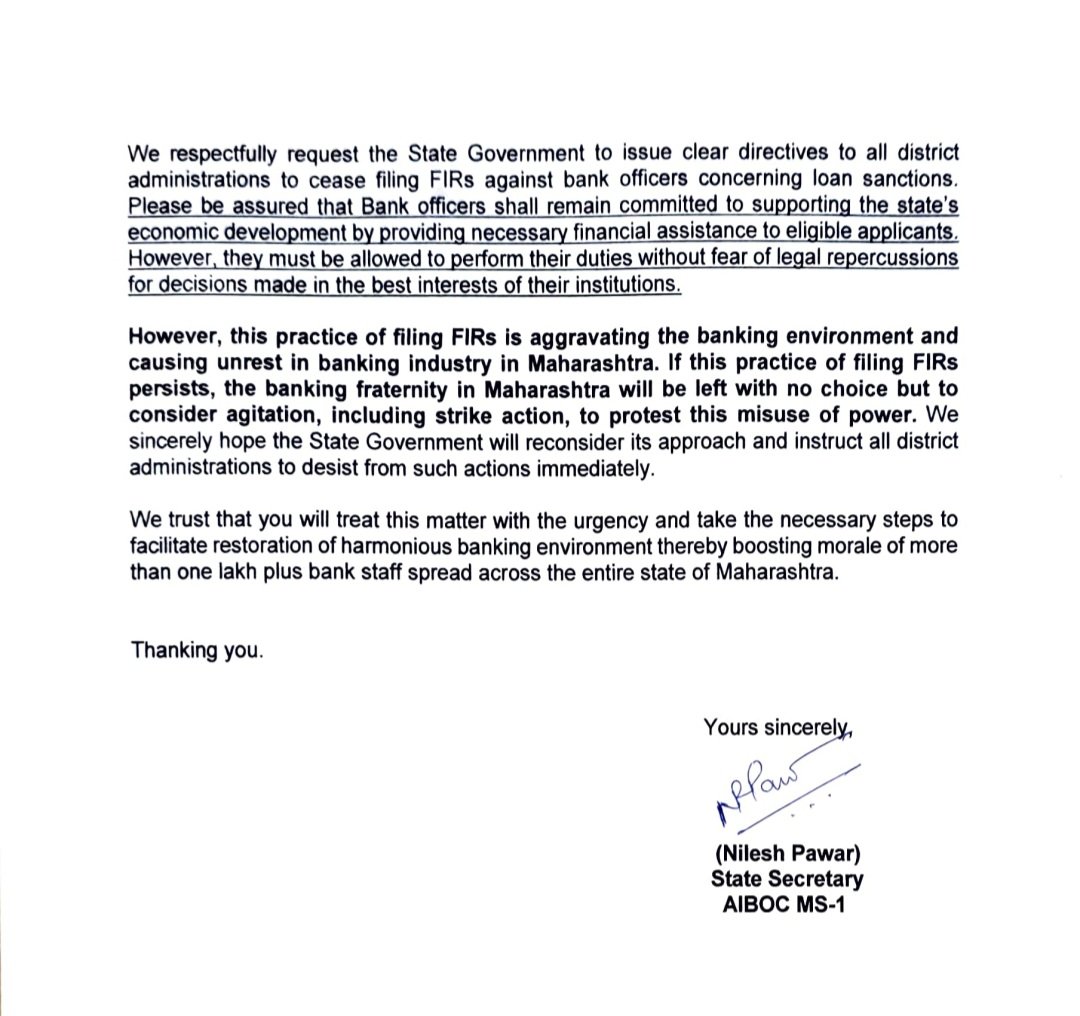 nilesh_pawar15's tweet photo. As a conscious effort to signify bankers' cause, we have forwarded attached letter to Smt @ssaunik, Chief Secretary of Maharashtra State registering our protest against arrest of Bank Officials on account of low disbursement of Crop Loans. It is truly a menacing precedent being set by @OsmanabadPolice to lodge FIR against Bank Officials for not meeting targets of Crop Loan.
We are endeavouring to amplify our cause to highlight security concerns of bankers to @mieknathshinde ,@Dev_Fadnavis , @AjitPawarSpeaks and have a satisfactory resolution to the issue.
@lokmat 
@moneycontrolcom 
@bsindia 
@zee24taasnews