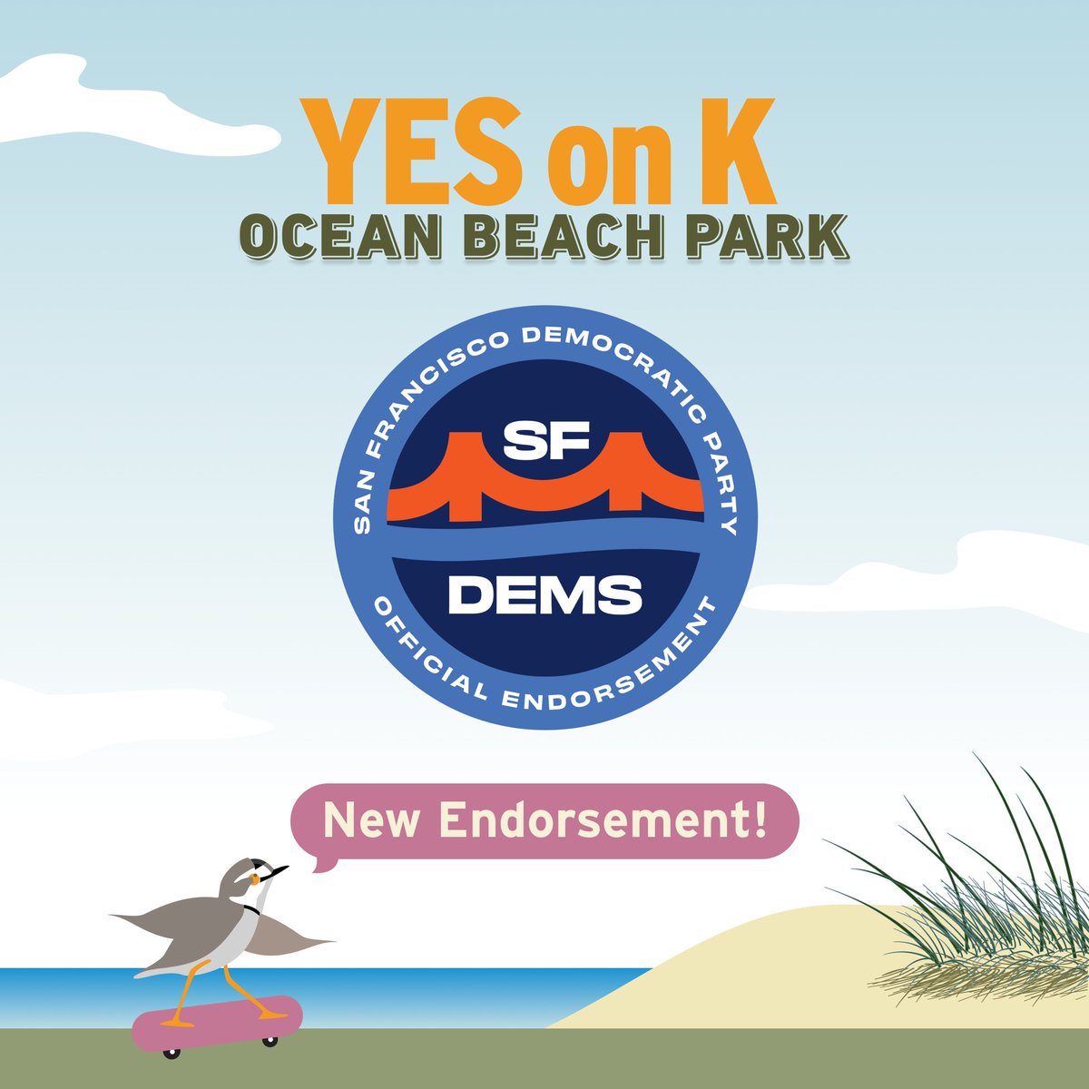 Thank you <a href="/SFDemocrats/">SF Democratic Party</a> for endorsing YES on K for Ocean Beach Park!! 
See all endorsements at oceanbeachpark.org/endorsements