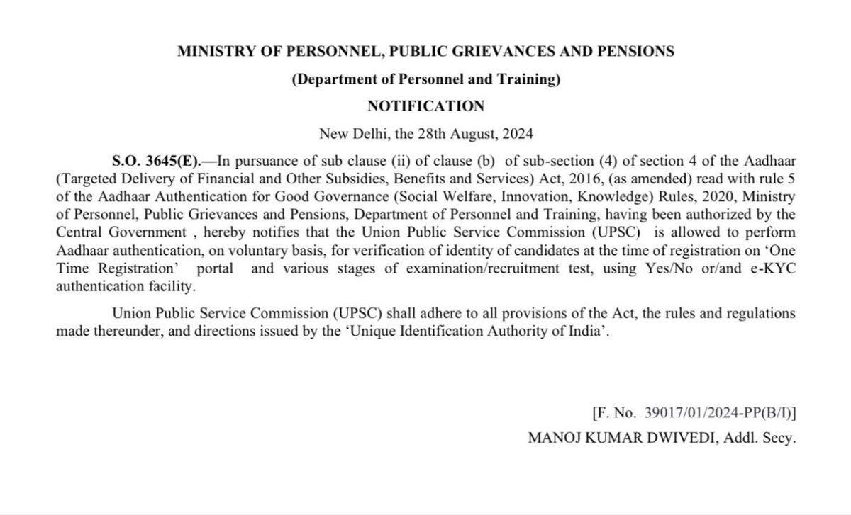 The_Robot01's tweet photo. Notice: Aadhar authentication in UPSC

#UPSC #UPSCaspirants #Civilservices #CSE_2024 https://t.co/QXba3EHPcl