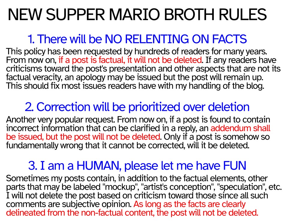 MarioBrothBlog's tweet image. After deliberating on the situation, I have decided that I do not wish to stop posting. Instead, I will implement the following NEW RULES that should address most issues with the blog and drastically reduce any stress it has been causing me. Thank you very much for your support.