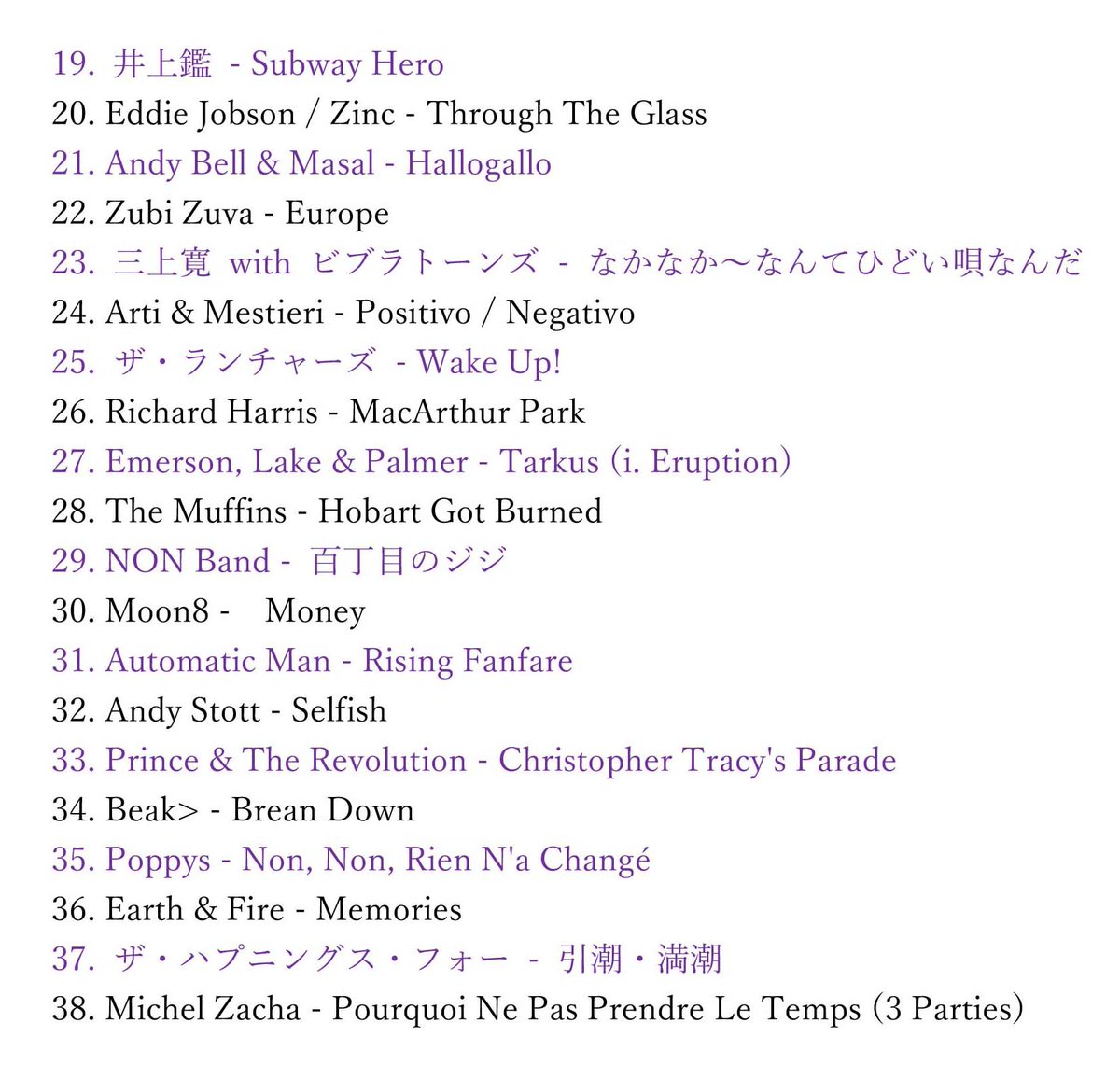 Crossbeat_JP's tweet photo. 2024年8月24日（土）＠関町セラー、 #ぷろとぐれ  の50分／38曲。先攻（紫）が俺、後攻（黒）が相方。こちらが王道プログレから逸れ続けるのでトサカにきたのか、ランチャーズの後方から車間距離ゼロで「マッカーサー・パーク」をぶっ込んできた瞬間、相方のメガネがキラリと光りました。 https://t.co/wOQCWXrx8d
