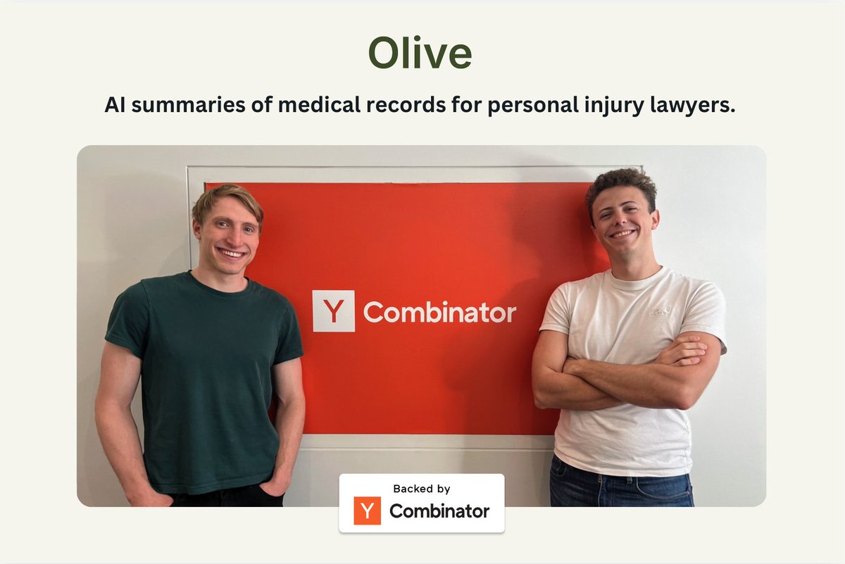 ycombinator's tweet photo. YC S24's @OliveLegal uses AI to summarize client medical records for personal injury lawyers. Firms choose Olive because it doubles the efficiency of their paralegals.

https://t.co/D3xxsUs4zB https://t.co/5pb1bC1SKE