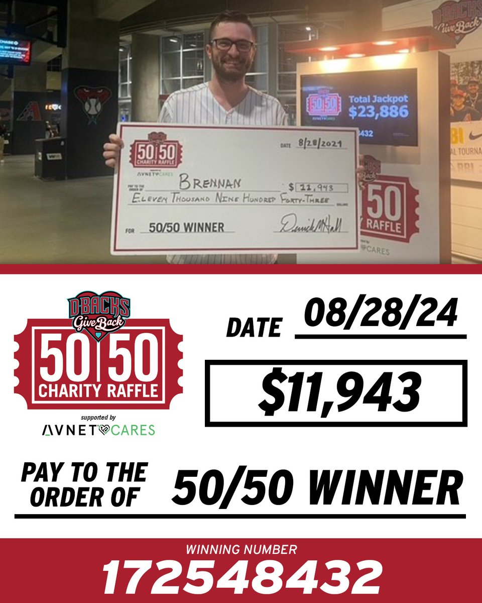 DbacksGiveBack's tweet photo. Congratulations to Brennan, the winner of tonight's #DbacksGiveBack 50/50 Raffle, supported by Avnet Cares!
Thank you for your continued support of youth sports in Arizona! https://t.co/Ma4cjKExa8