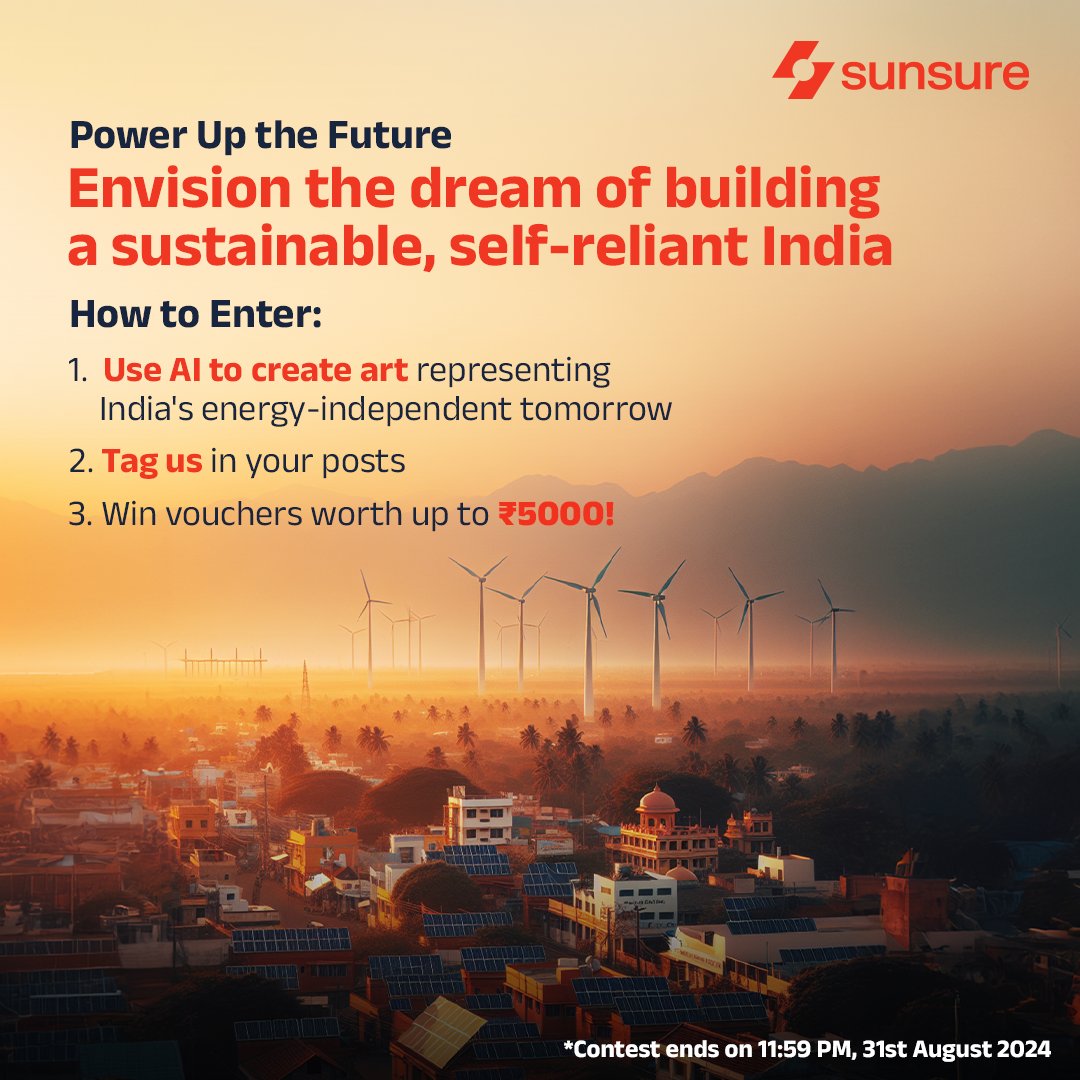 SunsureEnergy's tweet photo. Participate in the #SunsureIndependenceDay Contest for Big Wins:

1. Follow Sunsure Energy on Instagram
2. Use AI to create art representing India's energy-independent tomorrow
3. Tag us in your posts

*Contest open till 11:50 PM, 31st of August 2024 https://t.co/UOJkbKuc8H