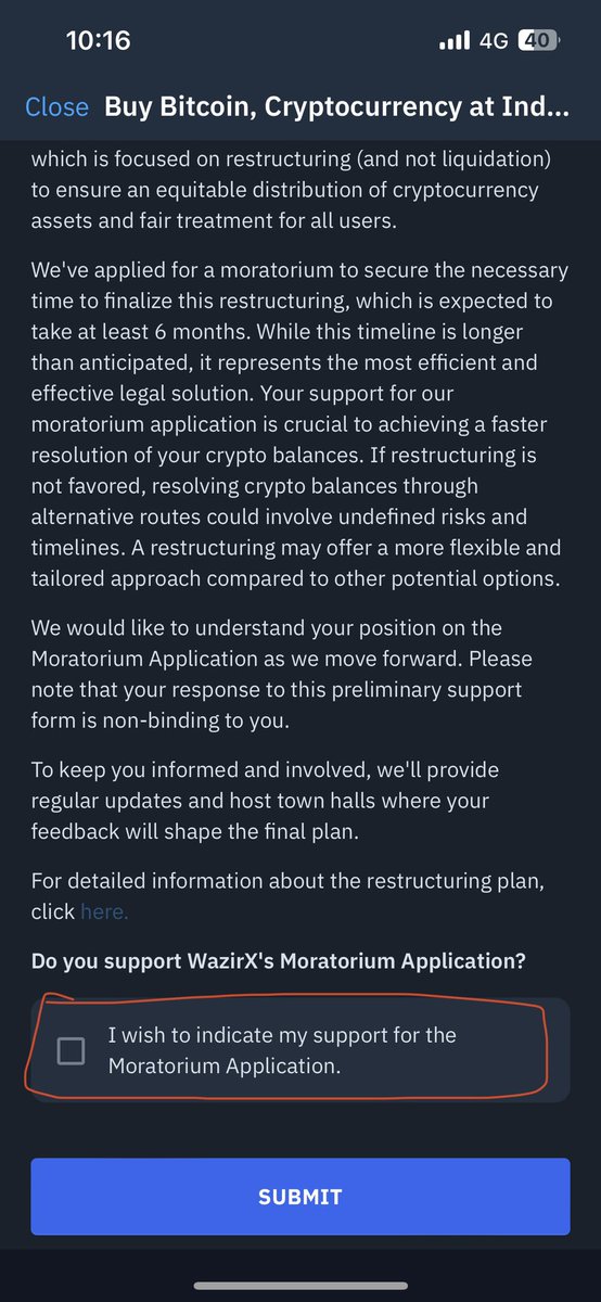 🚨🚨 Important for WazirX users.

DO NOT click on the “I Wish to Indicate my support for the moratorium application” in the WazirX App.

DO NOT DO IT.