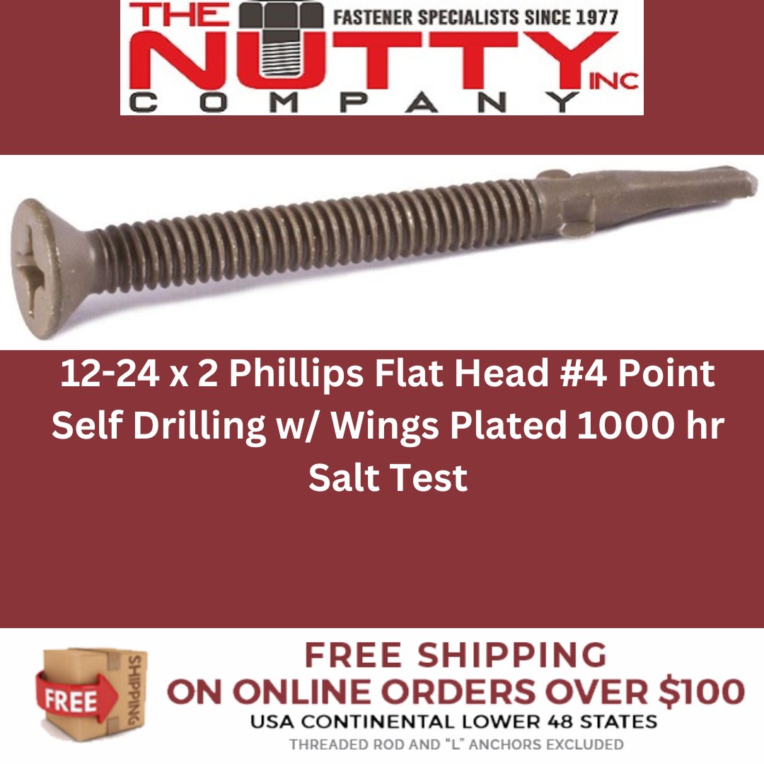 nuttycompanyinc's tweet photo. 🔩 Need strength and durability? Our 12-24 x 2 Phillips Flat Head #4 Point Self Drilling screws w/ wings passed a 1000-hour salt spray test! Perfect for tough projects. Order online here : https://t.co/aW0KQ4nbCJ #Construction #PhillipsHead #SelfDrillingScrews #SummitTechGroup https://t.co/G432SrXk9i