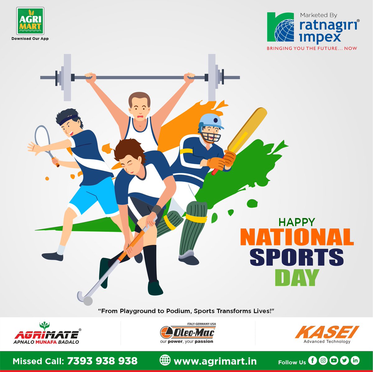 Agrimart3's tweet photo. Agrimart Wishes all Happy National Sports Day! May the fire of passion, dedication, and perseverance guide you to greatness on and off the field.

#NationalSportsDay #sports #agrimart #agrimate https://t.co/zLAyF08zJq