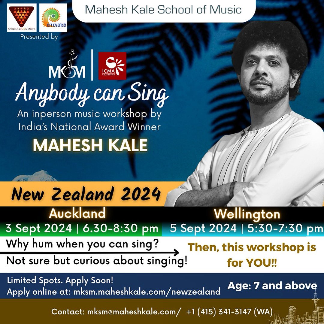 maheshmkale's tweet photo. Firsts are always special, #Auckland
#NewZealand, I'm dearly looking forward :)
.
.
.
#MaheshKale #IndianClassical #Abhang #NatyaSangeet #NewZealandTour #MaheshKaleLive #MKSMWorkshops #Wellington https://t.co/OZBZM5hHRN