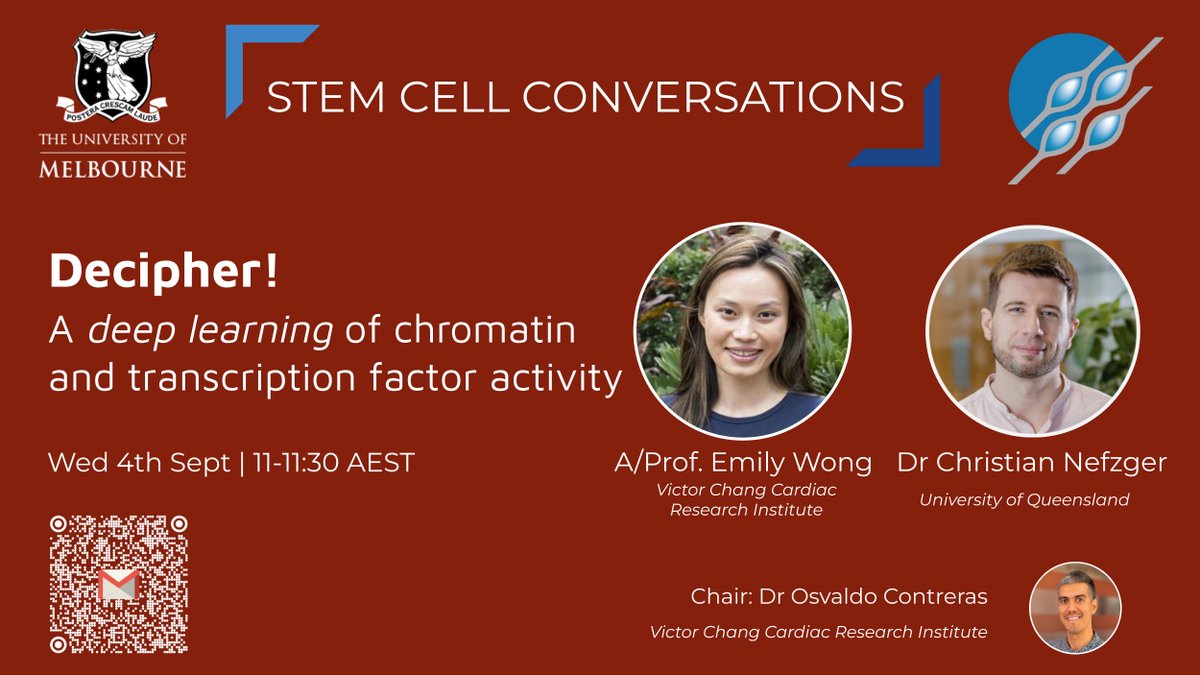Australasian Society for Stem Cell Research (@the_asscr) on Twitter photo NATIONAL Stem Cell Conversation Wed 4 Sept 11 AM AEST!
Hear from <a href="/VictorChangInst/">Victor Chang Cardiac Research Institute</a> ’s A/Prof. Emily Wong and <a href="/UQ_News/">UQ News</a> ’ Dr Christian Nefzger about how they “Decipher! A deep learning of chromatin and transcription factor activity”.
Email for link: stemcellconversations@gmail.com NATIONAL Stem Cell Conversation Wed 4 Sept 11 AM AEST!
Hear from <a href="/VictorChangInst/">Victor Chang Cardiac Research Institute</a> ’s A/Prof. Emily Wong and <a href="/UQ_News/">UQ News</a> ’ Dr Christian Nefzger about how they “Decipher! A deep learning of chromatin and transcription factor activity”.
Email for link: stemcellconversations@gmail.com