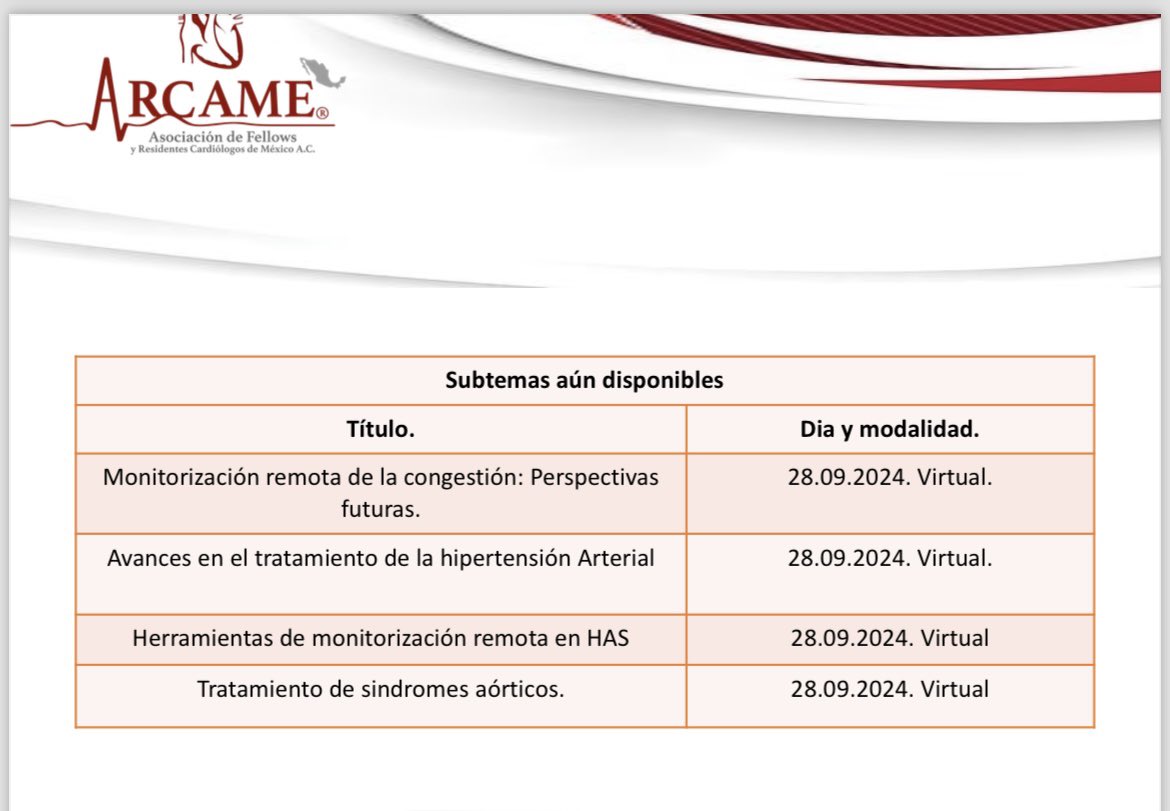 Comunidad ARCAME (@comunidadarcame) on Twitter photo FONAR 2024 está cerca. Si eres socio ARCAME, aún puedes postularte como ponente en los temas que se presentan a continuación. 27 y 28 de septiembre 2024, Hotel Fiesta Americana Viaducto Aeropuerto.
Enviar C.V. a arcame2023@gmail.com
#FONAR2024 #ARCAME #ResidentesCardio FONAR 2024 está cerca. Si eres socio ARCAME, aún puedes postularte como ponente en los temas que se presentan a continuación. 27 y 28 de septiembre 2024, Hotel Fiesta Americana Viaducto Aeropuerto.
Enviar C.V. a arcame2023@gmail.com
#FONAR2024 #ARCAME #ResidentesCardio