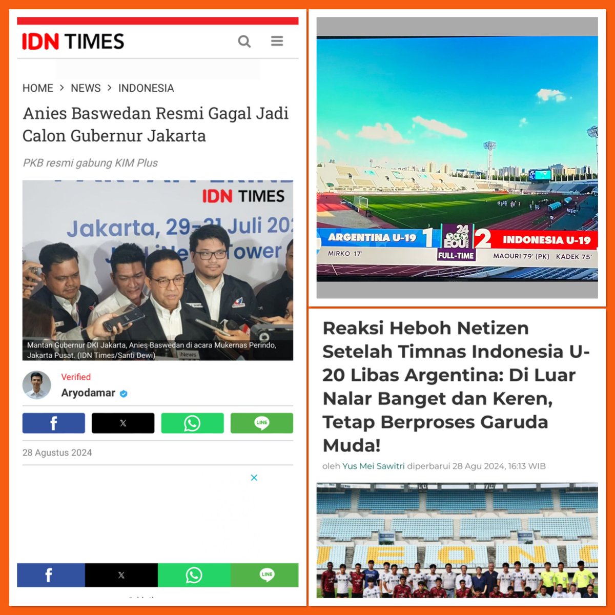 DILUAR NURUL ⁉️

Ditengah hiruk pikuk pndaftaran Pilkada, diluar nurul Timnas Garuda bantai rangking 1 dunia tim sepakbola Argentina.

Diluar nurul pula sosok <a href="/aniesbaswedan/">Anies Rasyid Baswedan</a> rangking 1 Calon Gubernur Jakarta, gagal daftar Cagub ke KPU Jakarta.

#pilgub #dkijakarta #prada24channel