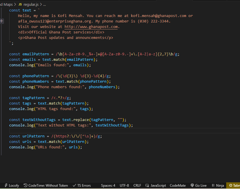 Sly_Softs's tweet photo. Day 44 of #100DaysOfCode:
Learnig and  Working with Regular Expressions
#JavaScript

#EnrollWithSTS
@stechie_school https://t.co/HqMKnmCzr2