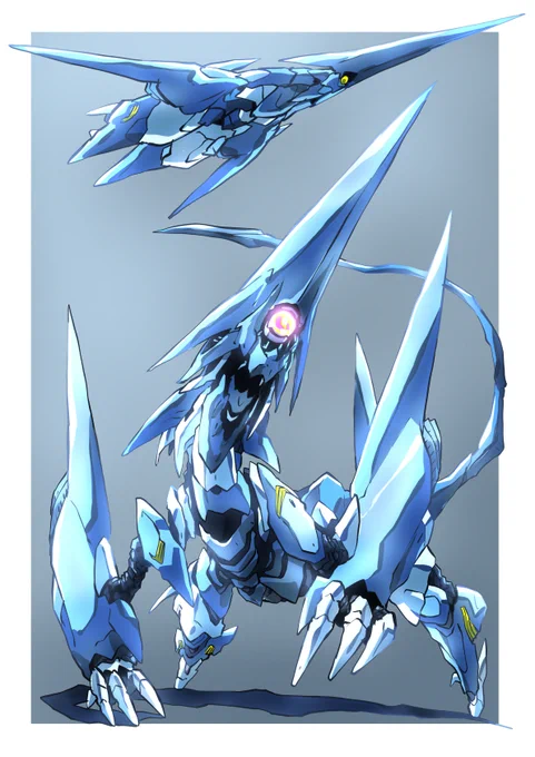 頭空っぽラクガキ820「オリジナル」で「よくあるハイ・ファンタジー物か世界崩壊物で出てくるような戦闘機械」何も考えずに描くシリーズ。陸上戦闘形態と空中機動形態が神話生物に見えるところから「龍」のコードネームが付いてるというよくあるパターンです 