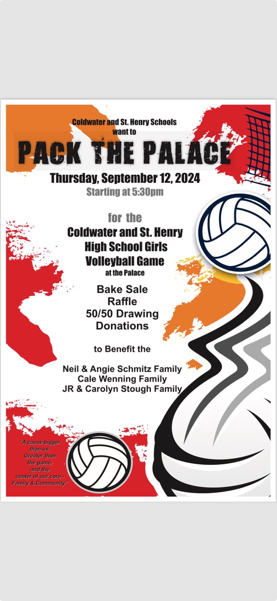 Cavalier Volleyball fans mark your calendars for Sept. 12!!  We take on St. Henry and we need YOU to PACK THE PALACE for this great cause that will benefit our local families! <a href="/ColdwaterAD/">Eric Goodwin</a>