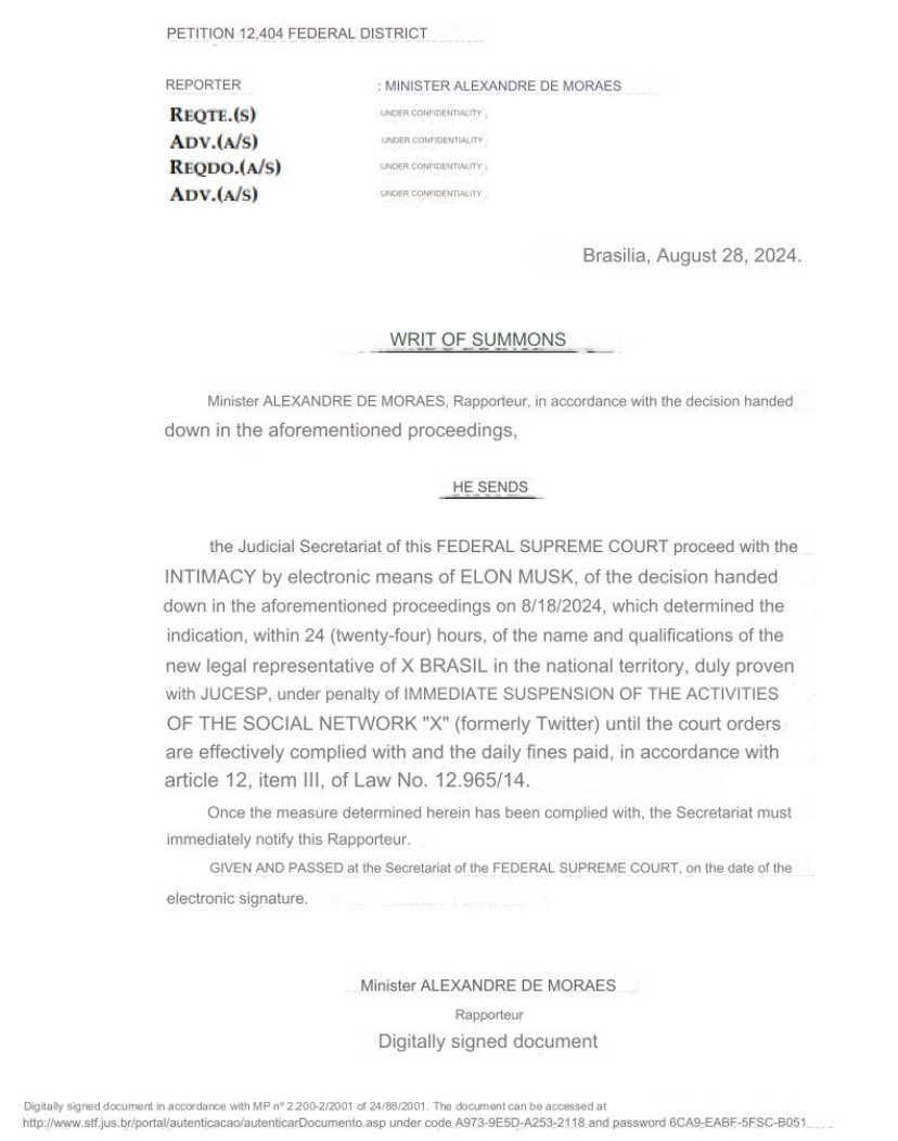 BRICSinfo's tweet photo. JUST IN: 🇧🇷 Brazil threatens to shut down X (Twitter) if Elon Musk does not comply with censorship requests in the next 24 hours. https://t.co/WyDEg0o3yy