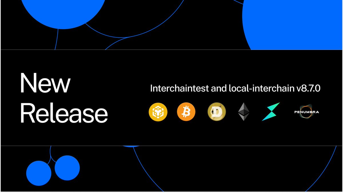 IBCProtocol's tweet photo. New Release: Interchaintest and local-interchain v8.7.0 🚀

v8.7.0 is packed with expanded e2e testing capabilities. New networks:

✅UTXO chains: @bitcoin @litecoin @dogecoin
✅Geth binary support for @ethereum @BNBCHAIN
✅Interchain: @thorchain @penumbrazone https://t.co/BkkLK9iJJw