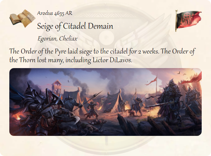 GolarionToday's tweet photo. Arodus 4635 AR: Seige of Citadel Demain
#Egorian #Cheliax #DiLavos #CitadelDemain #SeigeOfDemain #OrderOfTheThorn #OrderOfThePyre #4635AR
https://t.co/BCnIDvbDUq
The Order of the Pyre laid siege to the citadel for 2 weeks. The Order of the Thorn lost many, includi… https://t.co/ybtLokXJ7s