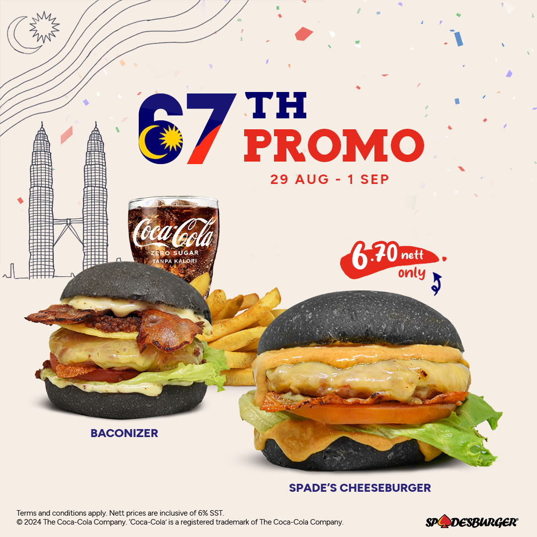 SpadesBurger's tweet photo. Celebrate Malaysia's 67th National Day with us! Enjoy a Spade's Cheeseburger for only RM6.70 nett when you buy any Baconizer or Chickanizer combo, 29 Aug to 1 Sep only. Don’t miss this festive deal!🍔✨ #NationalDaySpecial #SpadesBurger https://t.co/FLyHkAZtGk