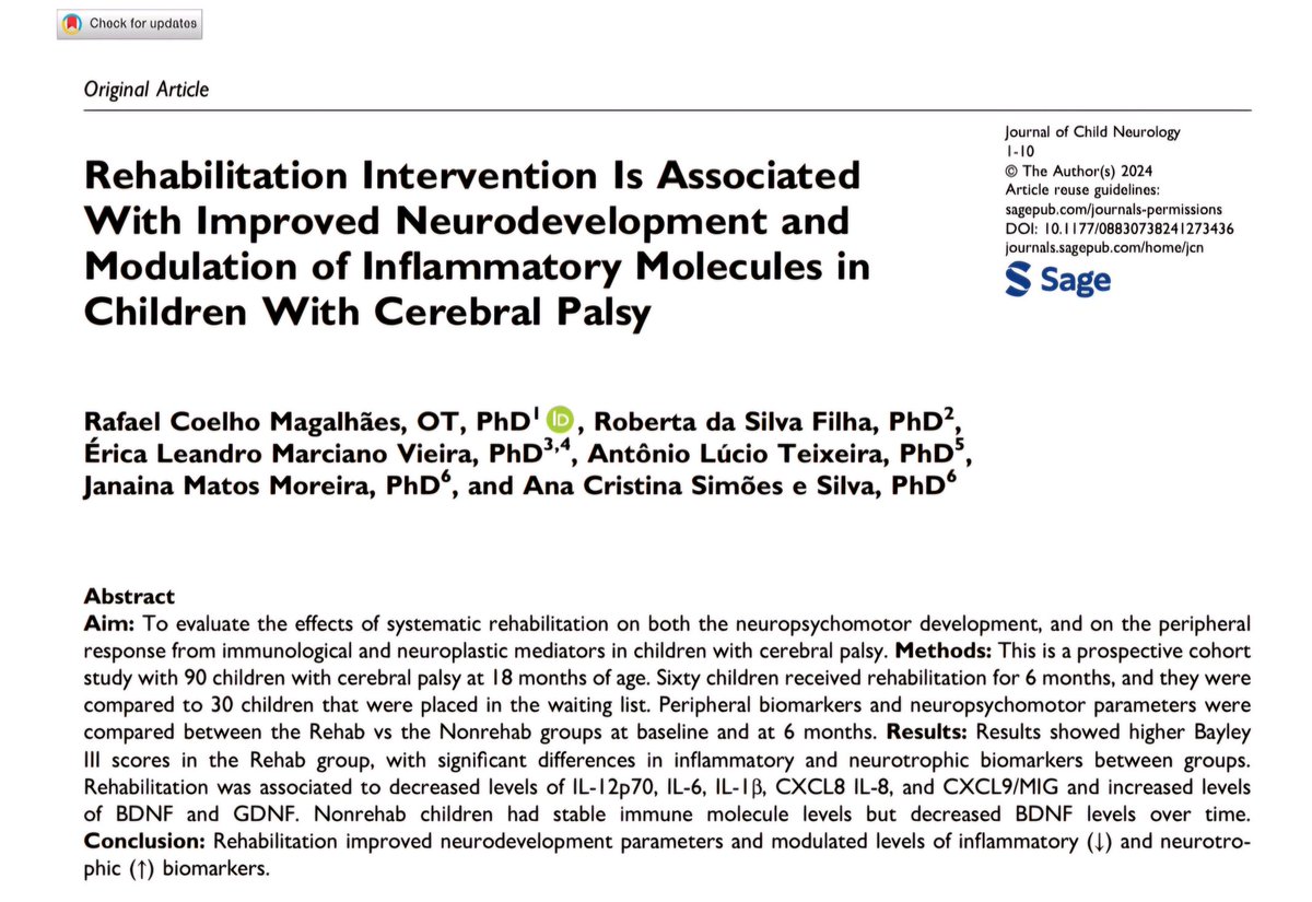 Rafael Magalhães (@rafacmagalhaes) on Twitter photo This article published in the Journal of Child Neurology (<a href="/SageJournals/">Sage Journals</a>) reports that the rehabilitation program enhances DNPM, modulates inflammation, and increases neurotrophic factors.
#cerebralpalsy #rehabilitation #earlyintervention #NPMD #inflammation #neurotrophicfactors This article published in the Journal of Child Neurology (<a href="/SageJournals/">Sage Journals</a>) reports that the rehabilitation program enhances DNPM, modulates inflammation, and increases neurotrophic factors.
#cerebralpalsy #rehabilitation #earlyintervention #NPMD #inflammation #neurotrophicfactors