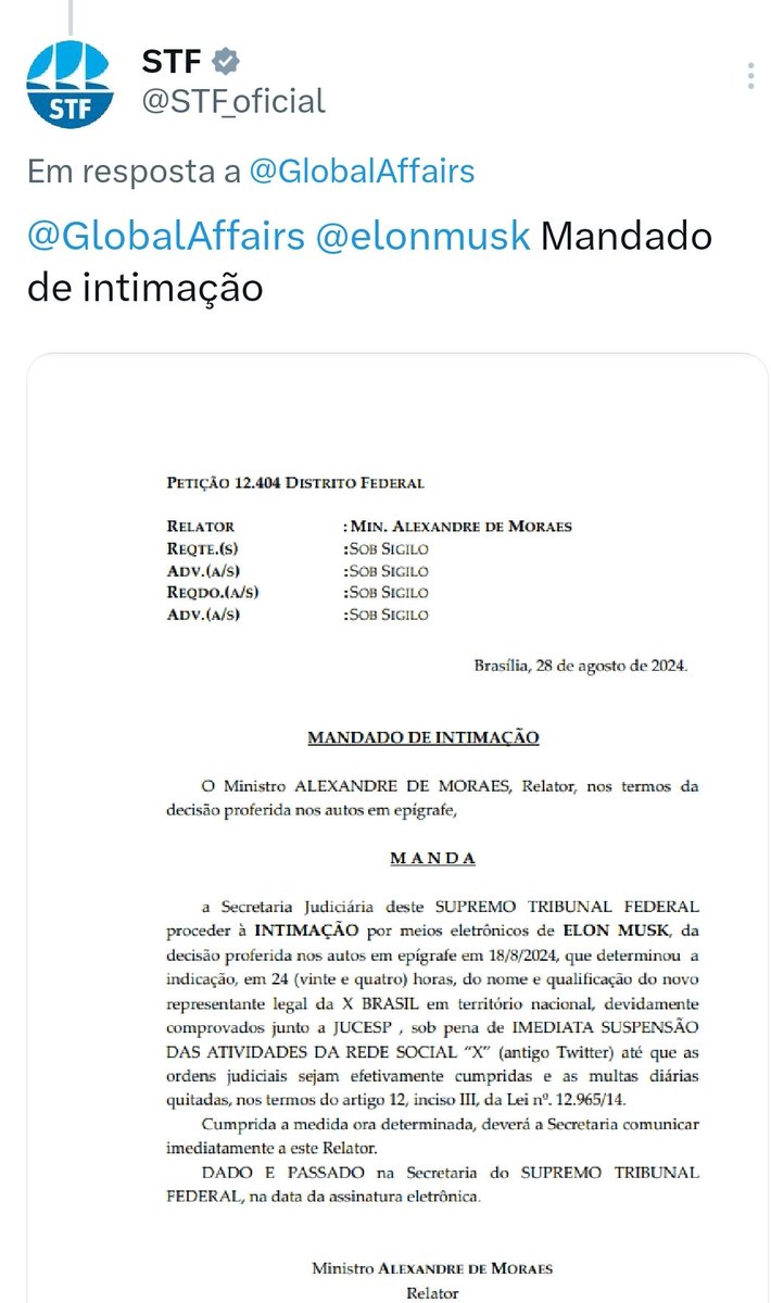 Facciolla's tweet photo. RT @PedroRonchi2: STF respondeu o perfil do Twitter com um Mandato de Intimação. Histórico. https://t.co/lxfYTJ2AnI