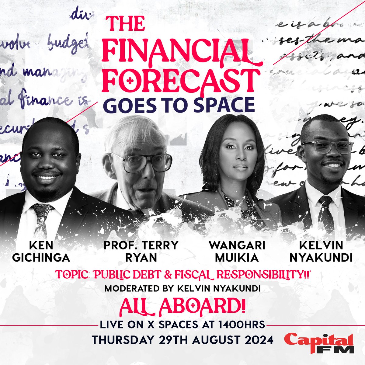 Join us this afternoon from 2 PM as we dive into Public Debt &amp; Fiscal Responsibility on the #FinancialForecast Space 🎙️ 

Our panel will feature <a href="/kgichinga/">Ken Gichinga</a>, <a href="/wangarimuikia/">Wangari Muikia</a>, Kelvin Nyakundi, and Prof. Terry Ryan.

Tune in via: x.com/i/spaces/1rmxP…