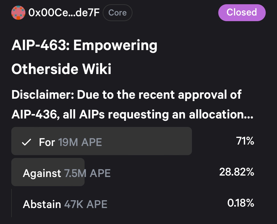 Solcdoteth's tweet image. Wow! @CryptoFrostyz @otherside_wiki did it! 19M apecoin in favor. What an amazing heartwarming response of the community and so well deserved for my fren @CryptoFrostyz