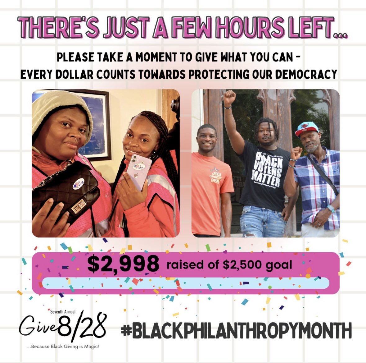 We have raised over $2,900 so far, with less than 4 hours to go before Give828 wraps up. 

We’re ready to put these donations to good use as the elections draw closer-can you help us finish strong, so we can exceed our goal for voters reached? bit.ly/give828wcrj