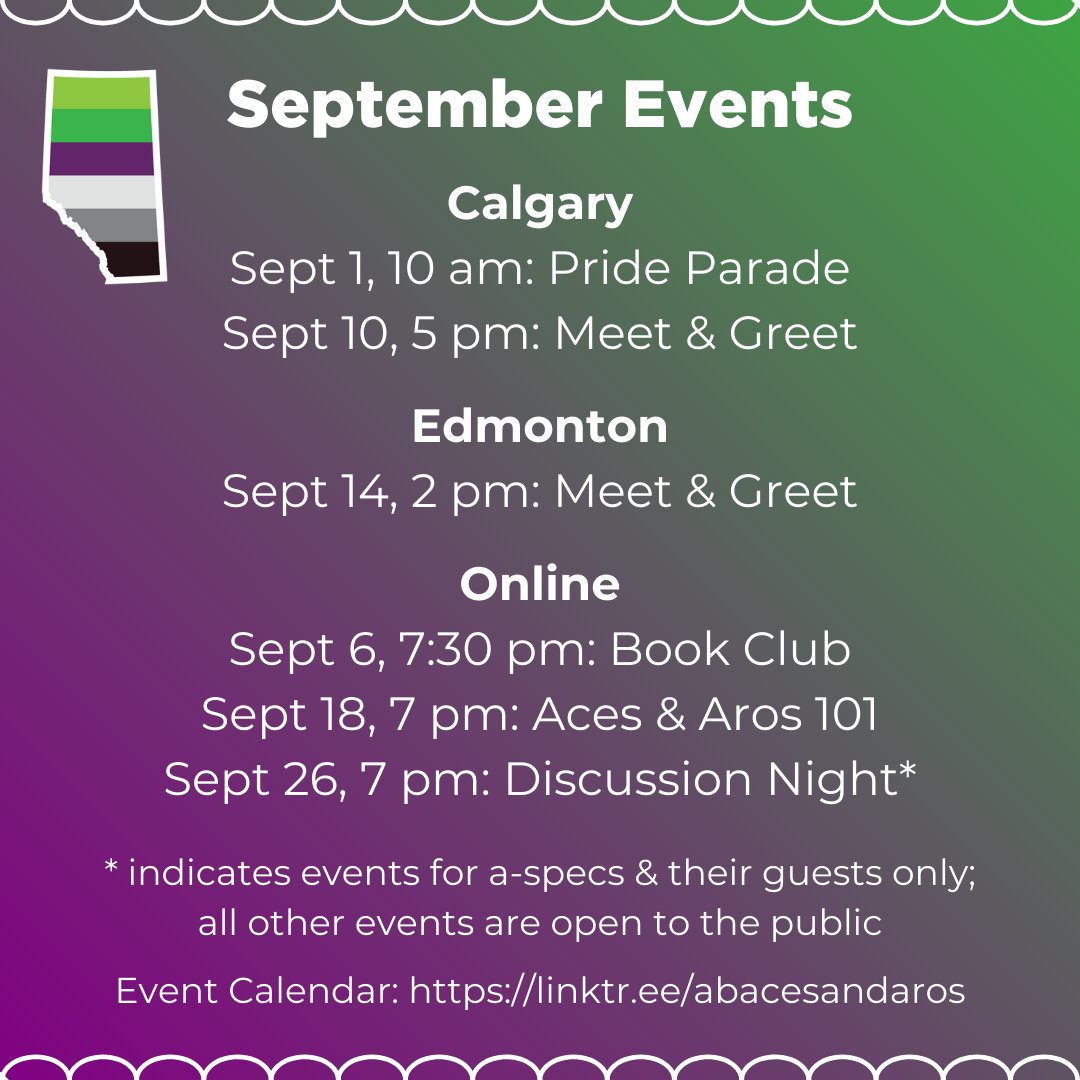 Summary of events for September! Calgary Pride, meetups in Calgary &amp; Edmonton, and a few online events this month, including an "Aces &amp; Aros 101" educational workshop (open to the public). More info on our calendar 💜💚 linktr.ee/abacesandaros