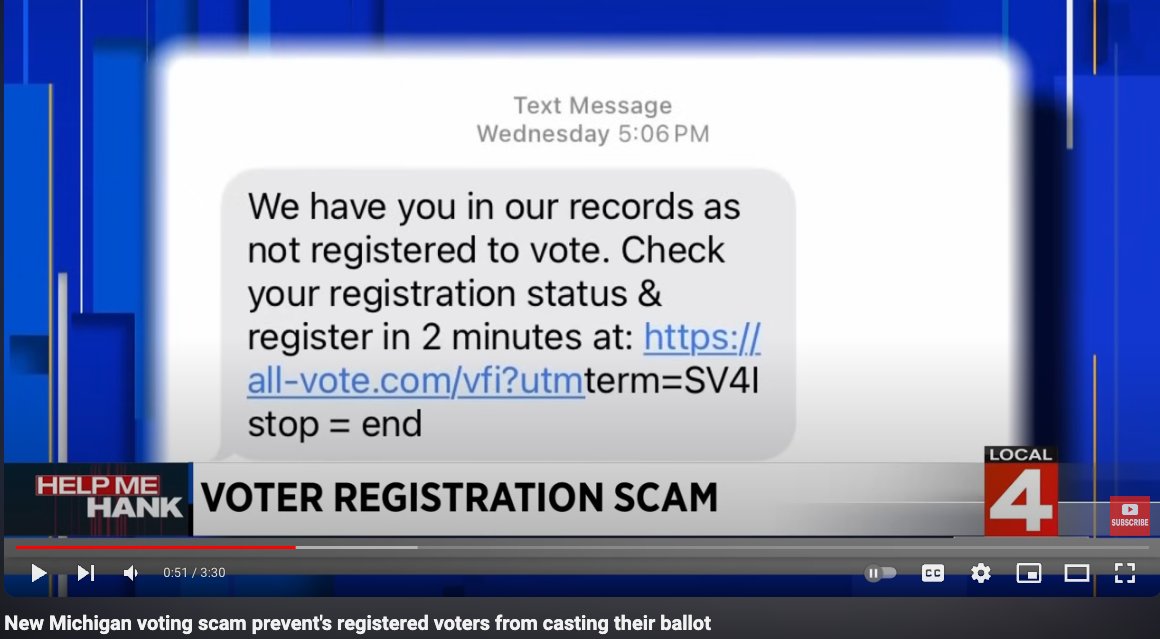 IotCyber's tweet photo. When Get-Out-The-Vote Efforts Look Like Phishing: Multiple media reports this week warned Americans to be on guard against a new phishing scam that arrives in a text message informing recipients they are not yet registered to vote. A bit of digging… https://t.co/fNw6hn8V5q https://t.co/6XTWkU53cw