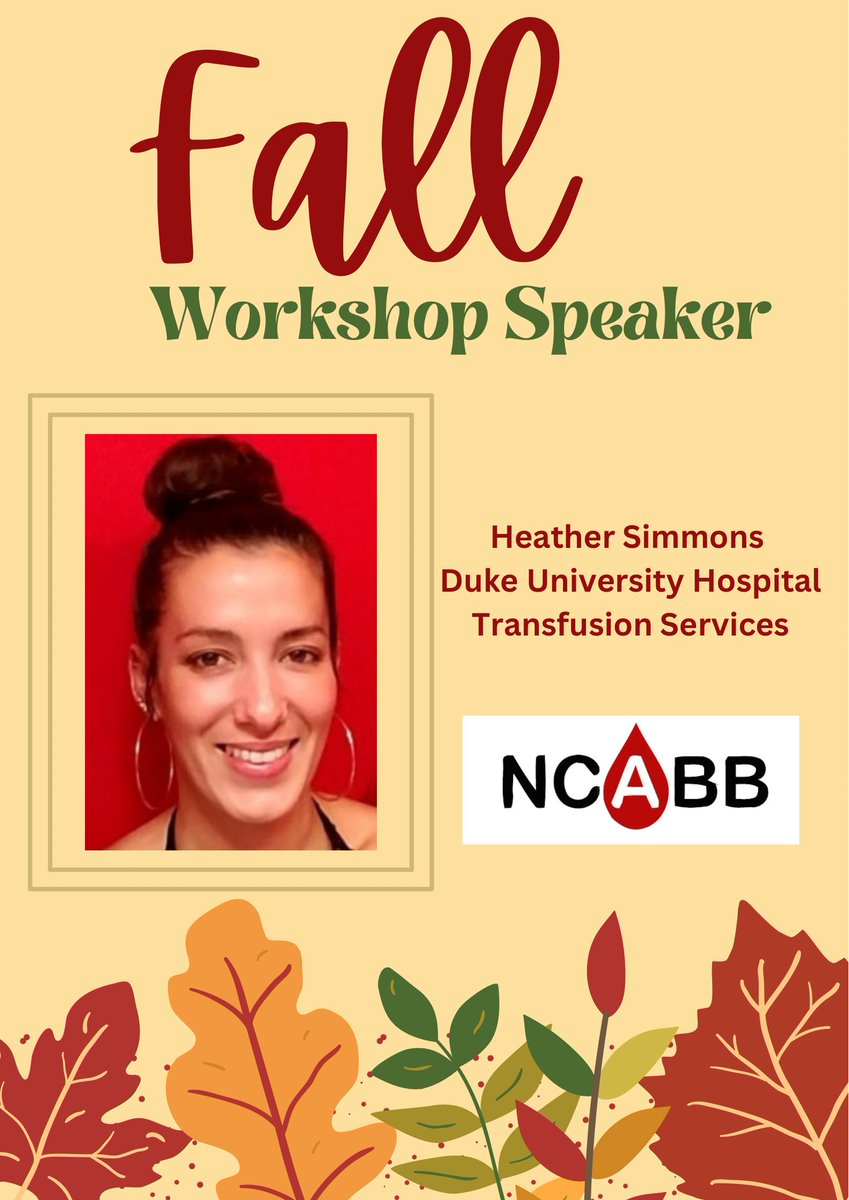 NCABB1's tweet photo. Speaker Spotlight: 

We are glad to have Heather Simmons, MCLS, MLT(ASCP)SBB from Duke University Blood Bank with us this fall. She will review AABB guidelines for prenatal titers &amp; compare methods used to guide decisions.

Renew membership &amp; register at https://t.co/92D79V5AVk https://t.co/QzYwjcZh5x