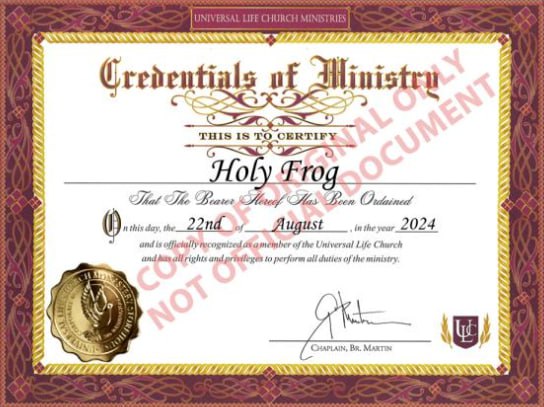 Our Frog Father, who dwells in sacred waters,
Hallowed be Thy croak.
Thy kingdom of ponds come,
Thy will be done on lily pads, as it is in the depths.
Give us this day our daily flies,
And forgive us our trespasses,
As we forgive those who trespass upon our waters.
And lead us