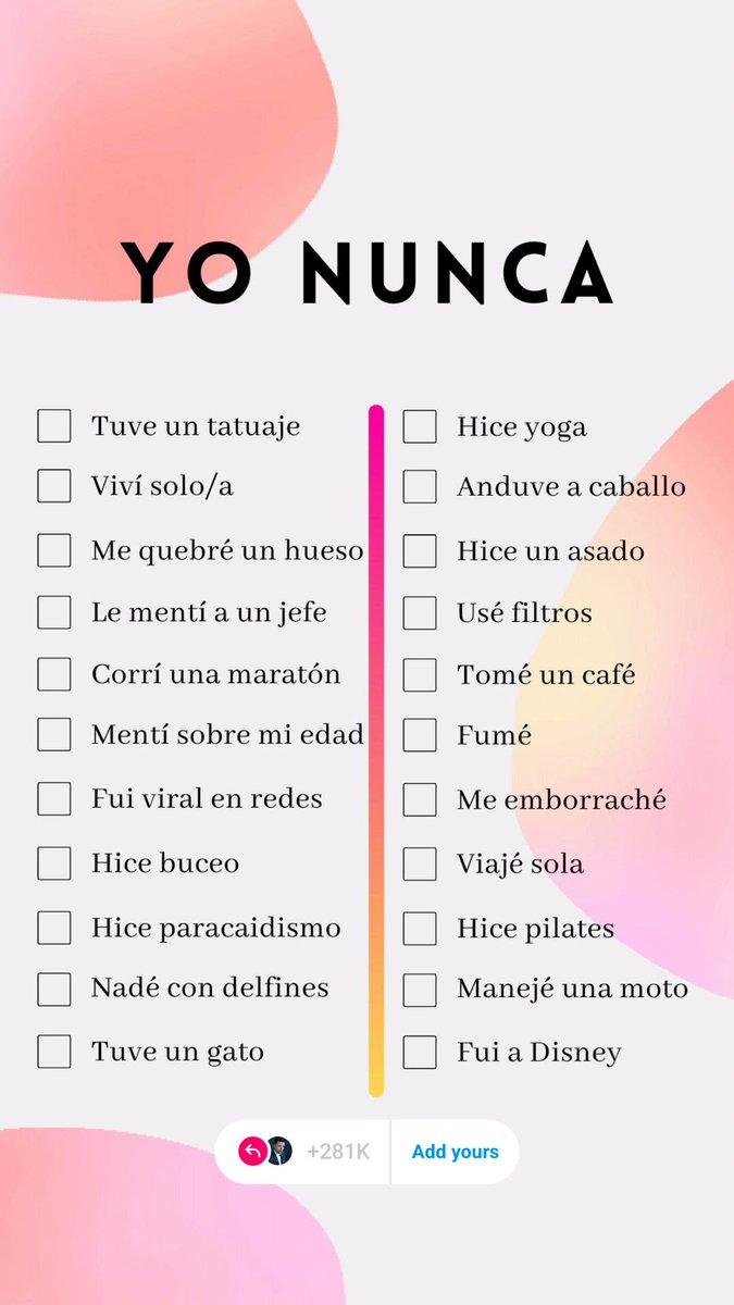 No niego ni afirmo que le hice un par de cambios sutiles al original que circula en Instagram.

Repitan después de mi, #YoNunca.... 👀