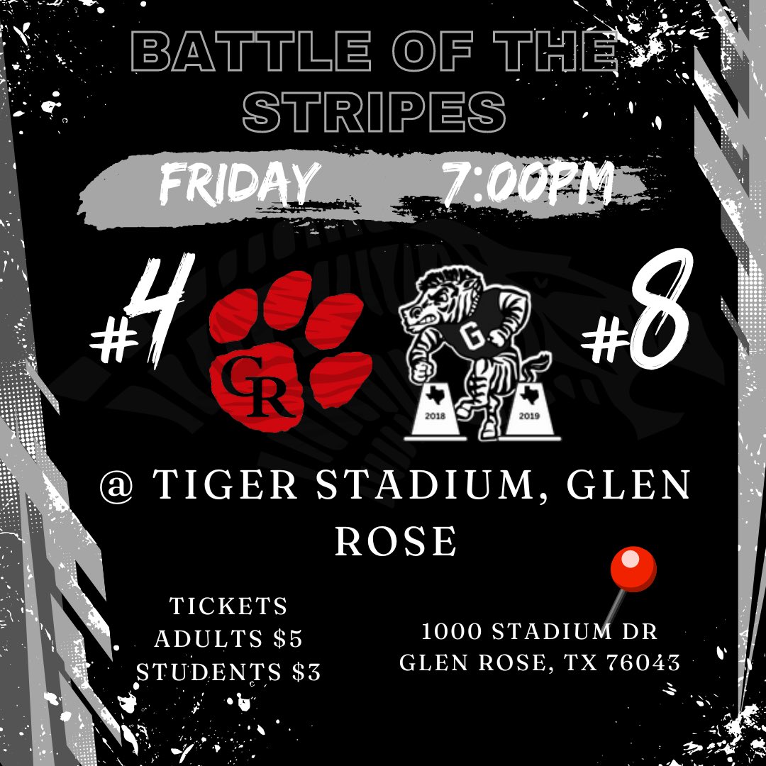 Grandview Zebras (@grandview_fb) on Twitter photo Grandview vs <a href="/GlenRoseSchool/">Glen Rose ISD</a> ! Battle of the Stripes! See you Friday night at 7pm in GR!! Come out and support your 🦓🦓🦓
STA
BleedBlack Grandview vs <a href="/GlenRoseSchool/">Glen Rose ISD</a> ! Battle of the Stripes! See you Friday night at 7pm in GR!! Come out and support your 🦓🦓🦓
STA
BleedBlack