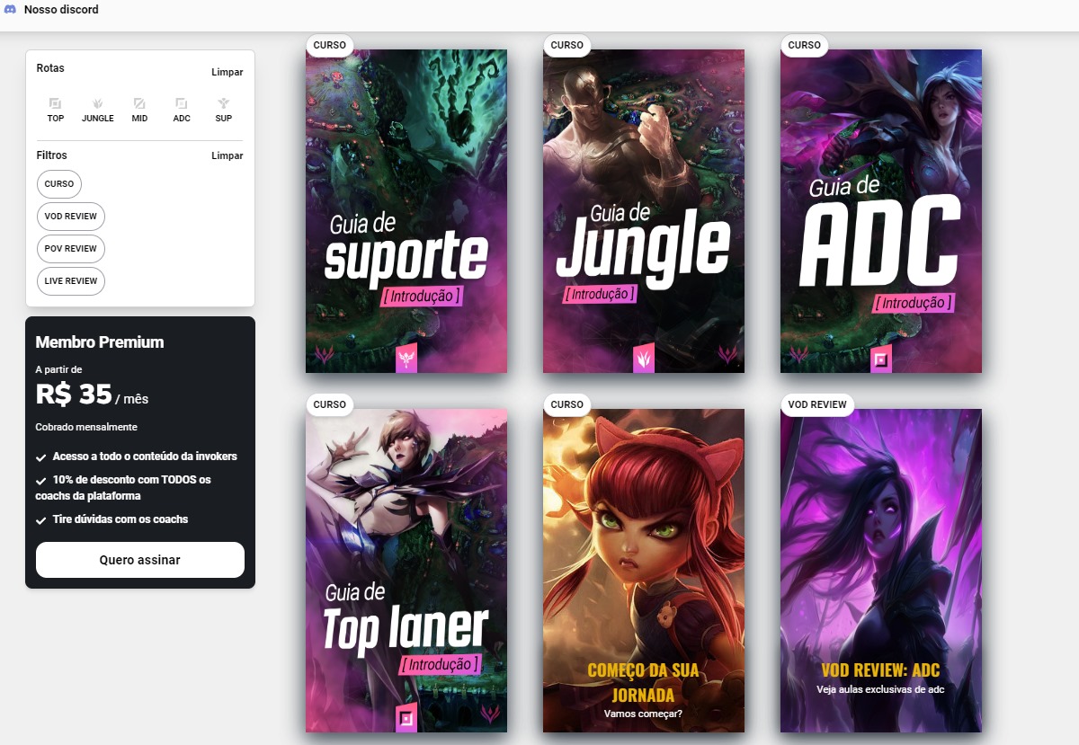 🚨 ATENÇÃO

Nós da Invokers estamos anunciando nossa área para Membros Premium (assinantes mensais), com conteúdos 100% em PT-BR, descontos com todos os coachs da plataforma, e muito mais 🧙‍♀️

Independente da sua role, nunca mais precisará procurar conteúdo de fora para grindar