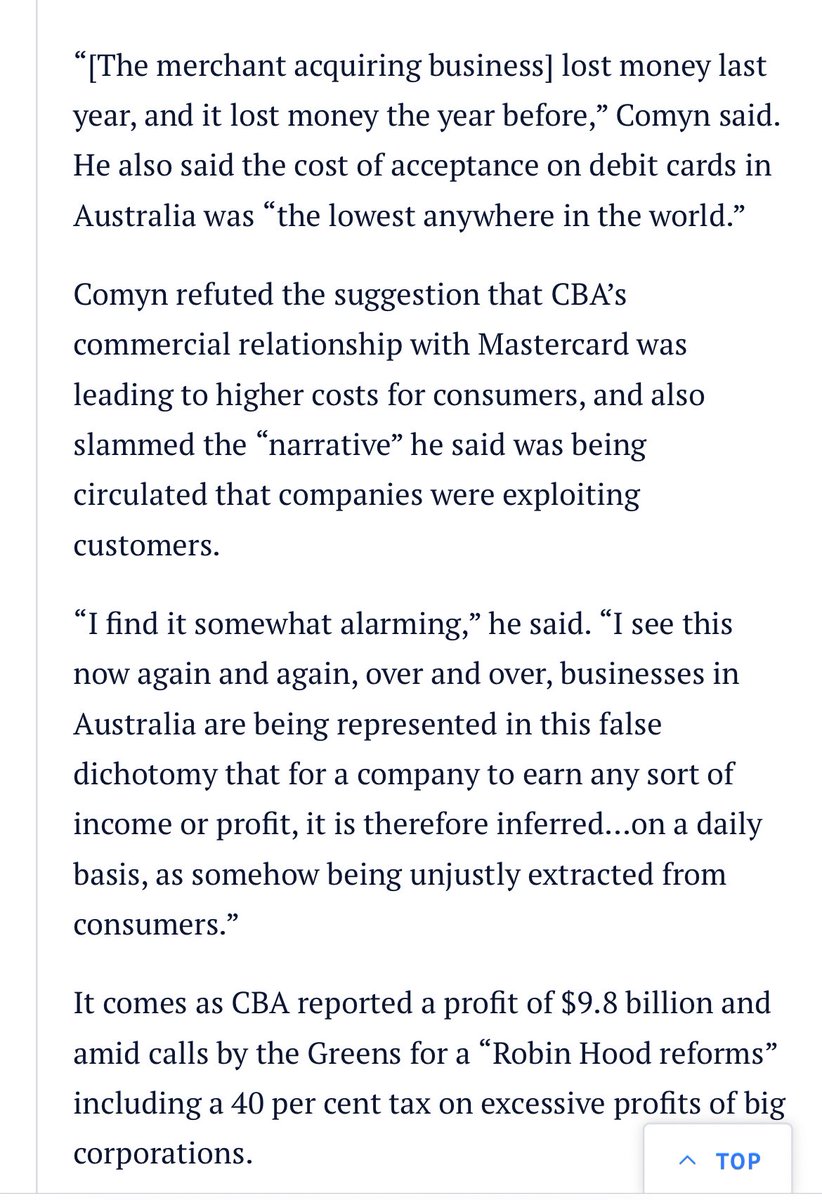 sumeyyailanbey's tweet image. CBA’s Matt Comyn is “alarmed” at the growing rhetoric of big corporates profit gouging, says that “false dichotomy” erodes trust in institutions theage.com.au/national/austr…