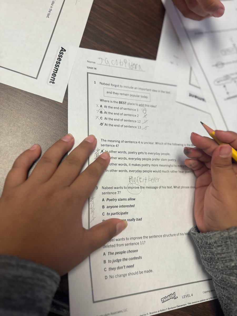 BurlesonDISD's tweet photo. "Our 4th graders have been hard at work on revision & editing, diving into TEKS 4.11C! βοΈ They engaged in small, interactive groups with hands-on activities to sharpen their skills. Love seeing their progress! π‘ @MHammonds27 @SpruceV_T @ACEDallasISD #4thGradeLearning #LevelingUp https://t.co/D1tRc0xgEP