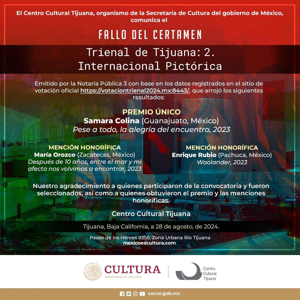 El Centro Cultural Tijuana comunica los resultados de la Trienal de Tijuana: 2. Internacional Pictórica.

#concurso #Internacional #Cecut #Tijuana