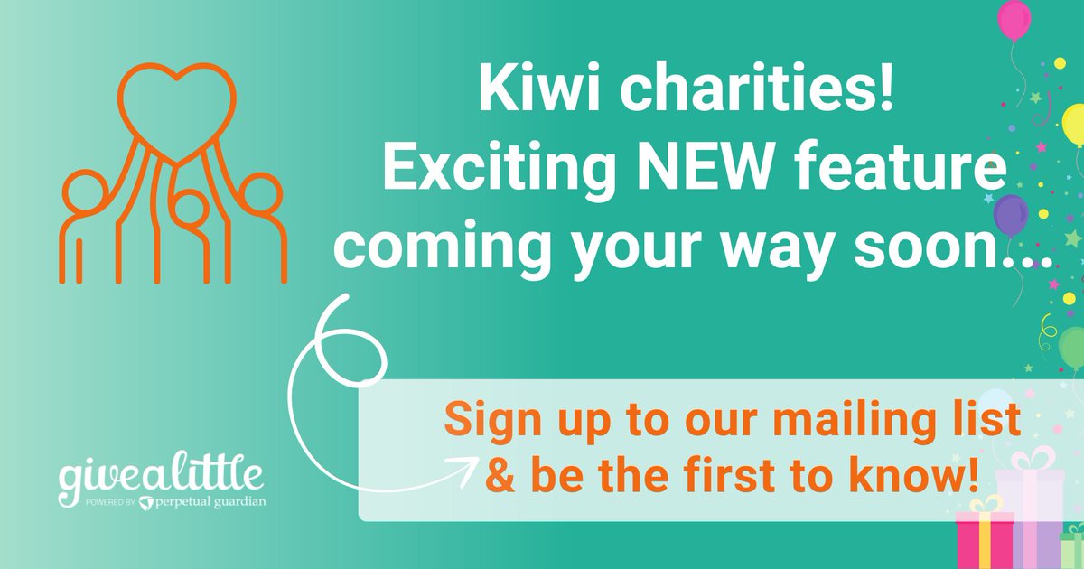 Calling all Kiwi charities! 📣

A special NEW feature is arriving at Givealittle that will support your crowdfunding efforts, so you can continue doing good in your community or region. 

🗓 Save the Date >> Thursday 5th September 

✍️ Sign up: eepurl.com/iFlR-w