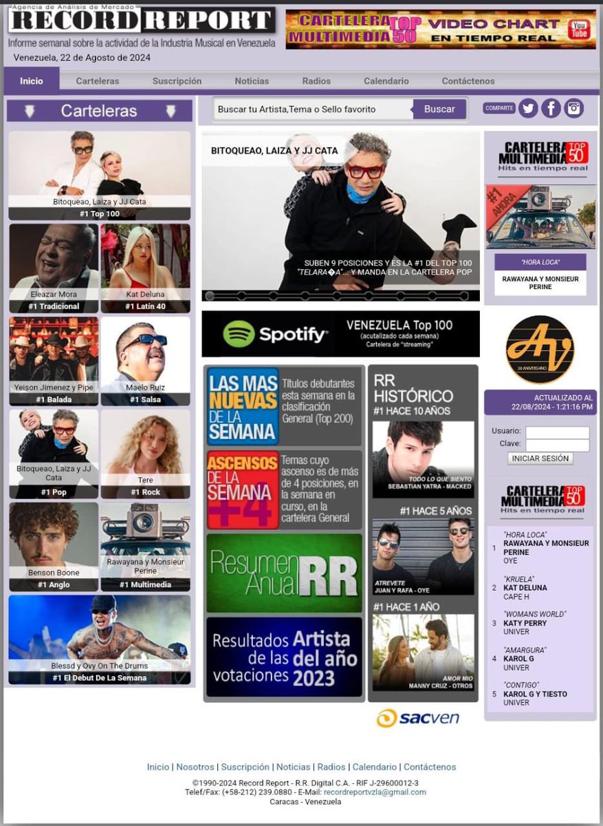 Felices porque nuestro tema Telaraña está en #1 Top 100 en la cartelera de #recordreport Venezuela 🇻🇪