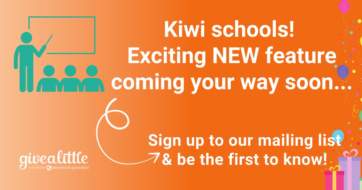 Guess what!? 😃

Our NEW feature is not just for charities, Kiwi schools of all types will benefit from it too! 🥳This time next week all will be revealed!

🗓 Save the Date >> Thursday 5th September 
✍️ Sign up here to be the first to know: eepurl.com/iFlR-w