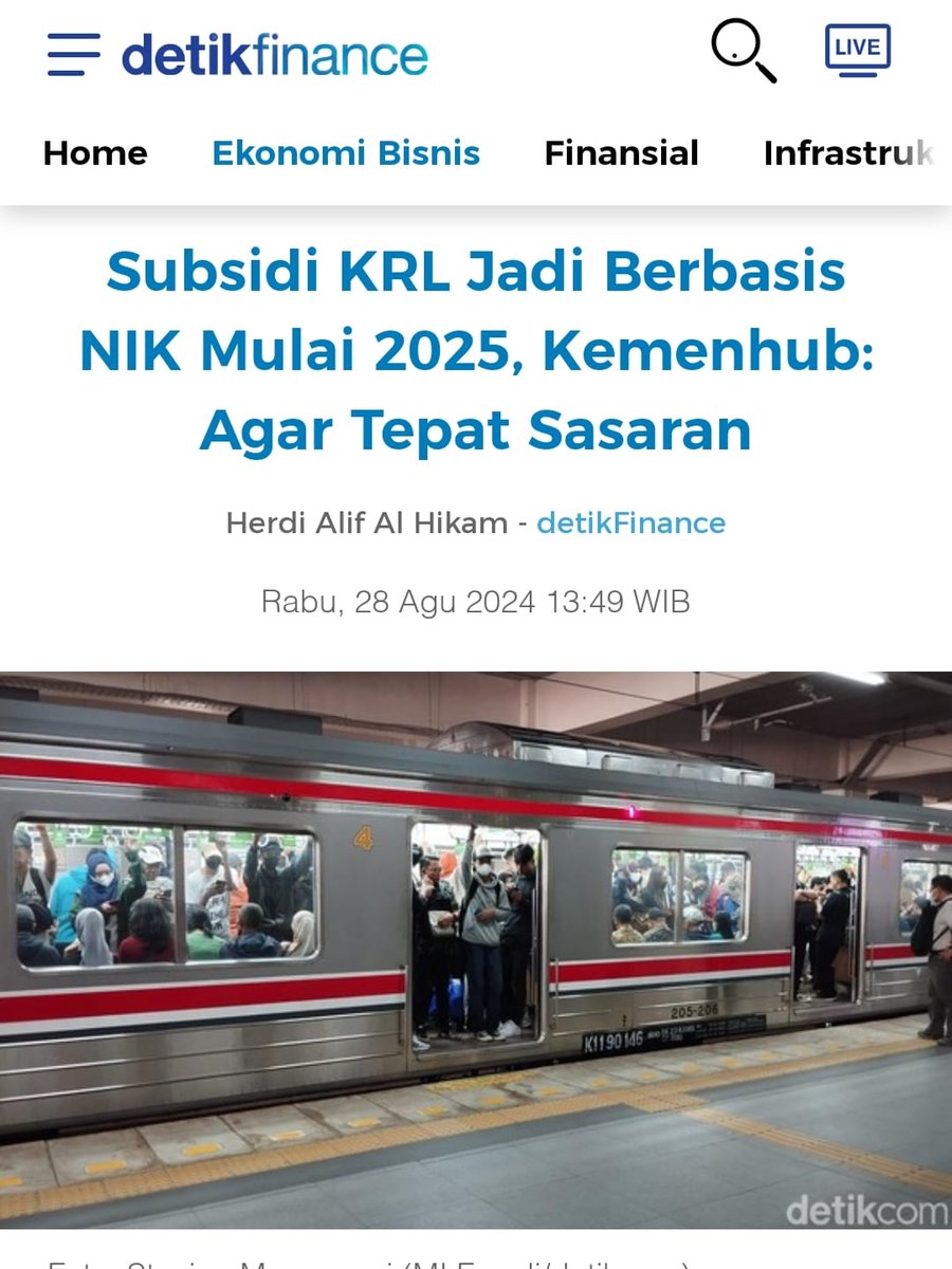 txttransportasi's tweet photo. Pemerintah berencana mengubah skema subsidi tarif KRL Jabodetabek. Subsidi tarif KRL akan dibuat berbasis NIK, yang mana subsidi akan diberikan sesuai dengan tingkatan profil masyarakat dilihat dari NIK-nya.

Rencana ini terungkap dalam dokumen Buku Nota Keuangan Rancangan Anggaran Pendapatan & Belanja Negara Tahun Anggaran 2025.

Kemenhub menyatakan perubahan skema ini rencananya dibuat untuk memberikan subsidi transportasi menjadi lebih tepat sasaran.

Source : https://t.co/jqD6nH8FVn