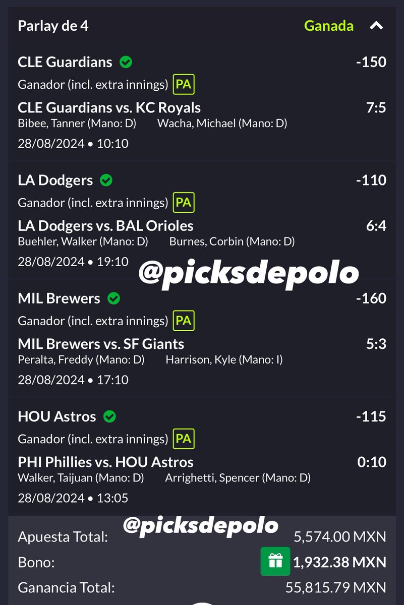 picksdepolo's tweet photo. PARLAY (+866) ✅

Lo hicimos, sumamos +55K, los que alcanzaron a meter Brewers y Dodgers como free pick también a cobrar ✅

Mañana regalaré $1,000 a dos seguidores 💥

EL MEJOR APOSTADOR EN BÉISBOL LOS QUIERO MUCHOOO ❤️🐐 https://t.co/he9pzz5QLg