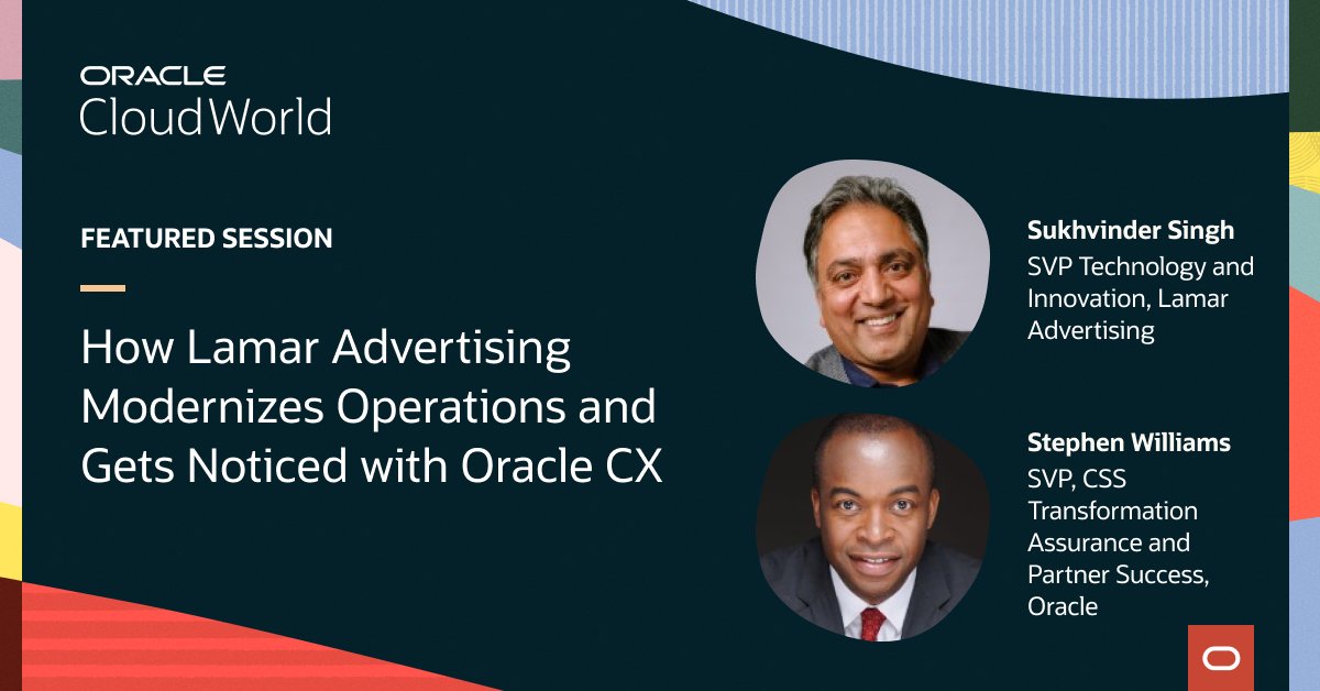 HasnainElec's tweet photo. Join @LamarOOH at #CloudWorld to learn how a high volume, geographically dispersed organization can supercharge its business with @OracleCloud: https://t.co/A8uueIyHGT https://t.co/mNEyNdWF1L
