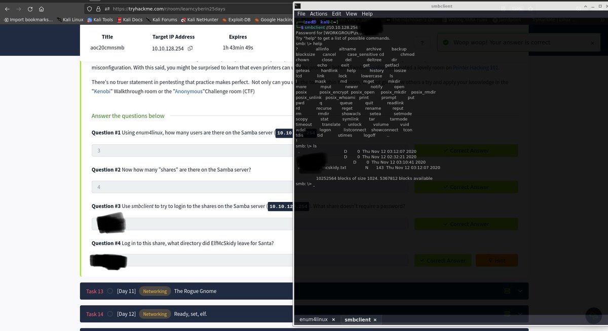 _zedcyber's tweet photo. Day 10 - I learnt how to find “shares”, usernames, workgroup, etc, on servers that has the “Server Message Block” (SMB) protocol open, and exploit them using a tool like smbclient.

It was an interesting experience! @_Rega_n 🖤🎉

#25DaysHackingChallenge https://t.co/Cxhxb1tb71