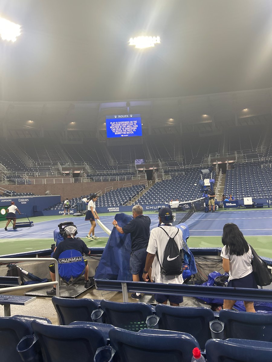 Monfils game is officially on. Court being cleared rn #USOpen2024 #ruud #monflis #honeydeuce