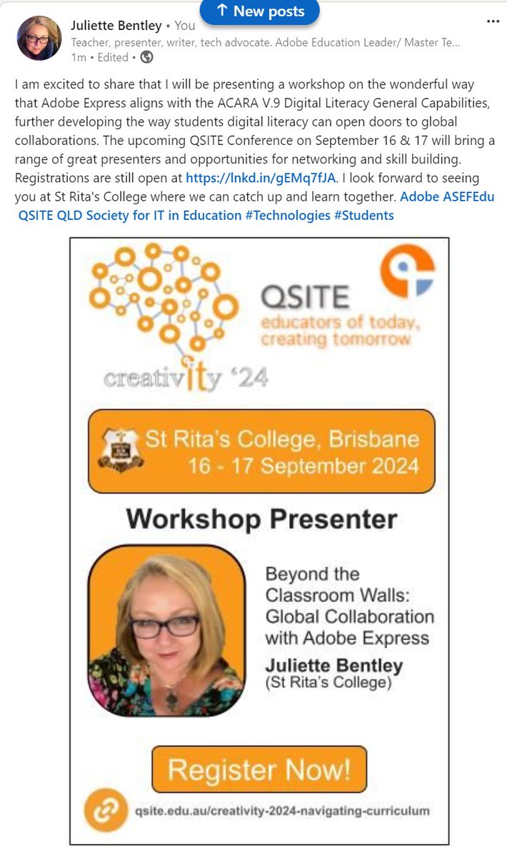 Registrations are still open at lnkd.in/gEMq7fJA. I look forward to seeing you at St Rita's College where we can catch up and learn together. Adobe ASEFEdu QSITE QLD Society for IT in Education hashtag#Technologies hashtag#Students